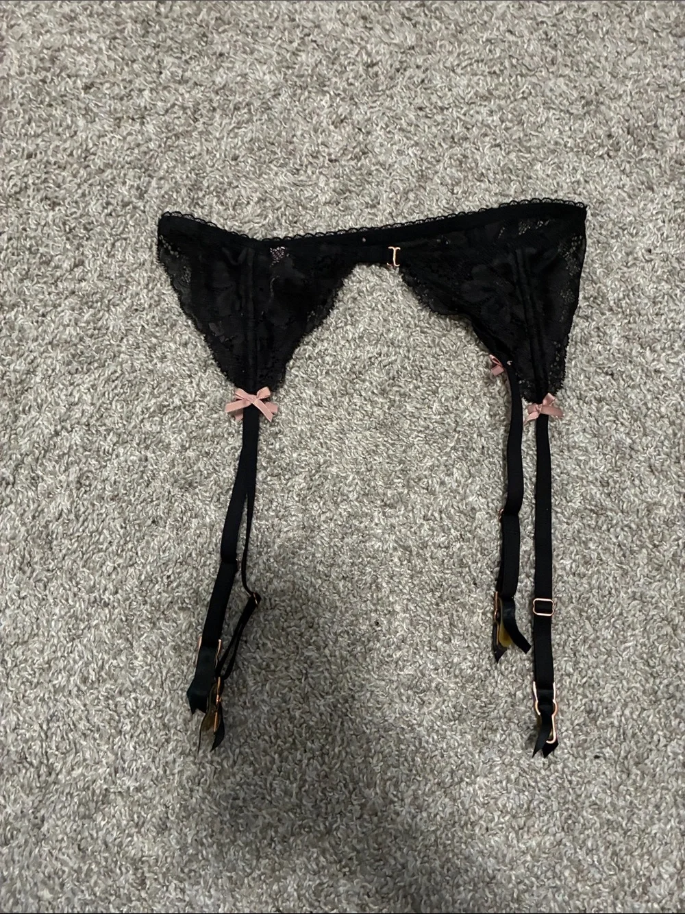 Victoria’s Secret Black Lace Garter Belt with Pink Bow Accents